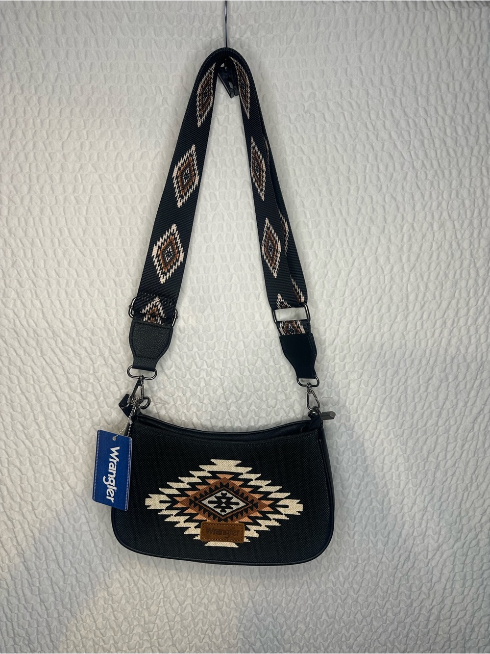 Wrangler Black Crossbody Bag with Aztec Brown and Cream Pattern